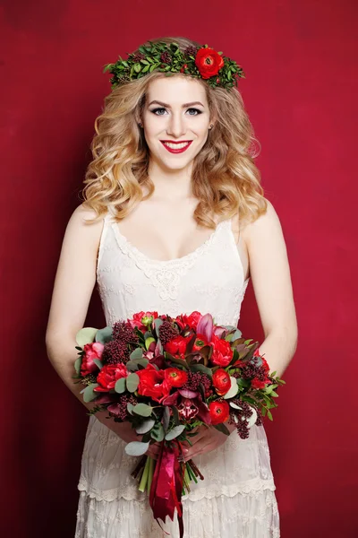 Fashion Woman with Curly Blond Hair. Bride with Flowers