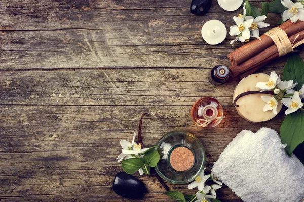 Essential oils on rustic table