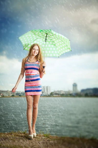 Girl under an umbrella walks in the rain