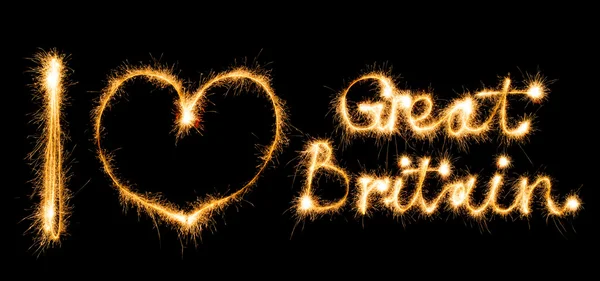 Inscription I love Great Britain made of sparkles on black