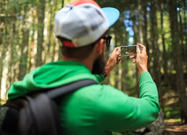 Man makes photos on a smartphone in the coniferous forest in the