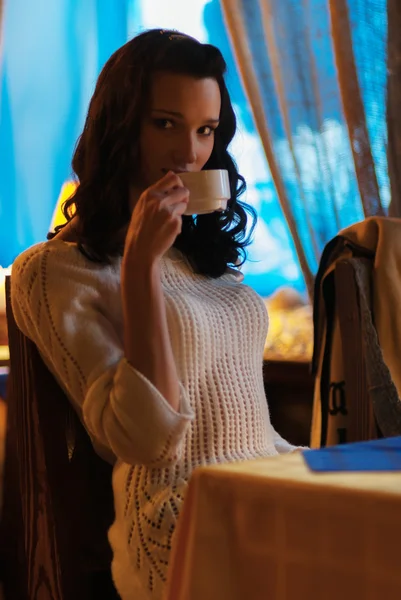 Young beautiful woman sits in cafe
