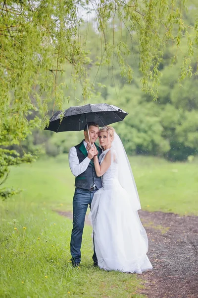 The bride and groom with a bright umbrella
