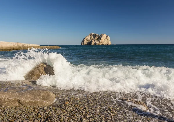 Sea with waves and foam rocks landscape