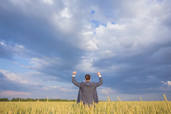 Happy businessman standing on the field