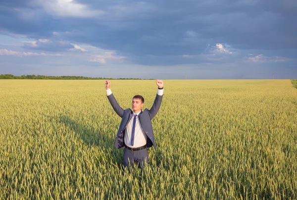 Happy businessman standing on the field