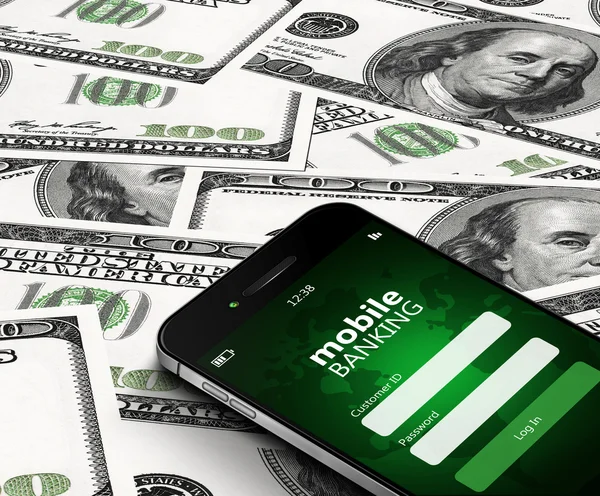 Mobile phone with mobile banking screen over dollars