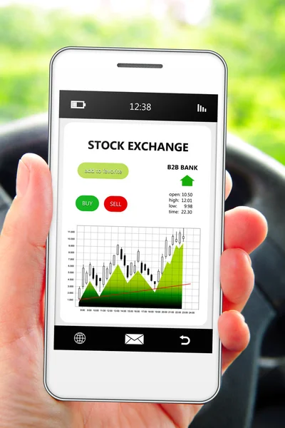 Hand holding cellphone with stock exchange screen