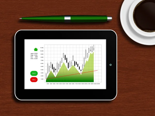 Tablet with the stock chart lying on a wooden table
