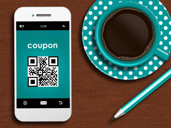 Mobile phone with discount coupon, cup of coffee and pencil lyin
