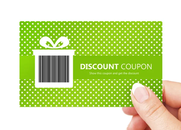 Hand holding spring discount card isolated over white