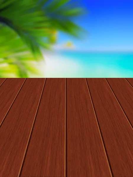 Wooden terrace, riviera coast and tropical palms as background