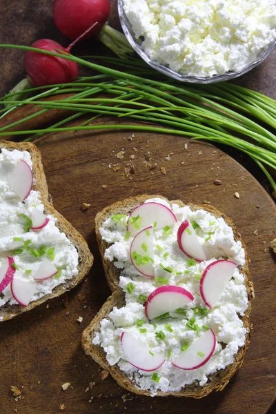 Bread with cottage cheese , radish and chives