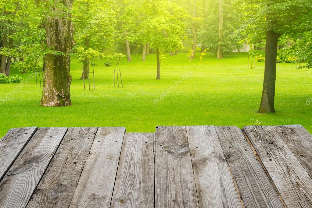 Table on the green spring park background — Stock Photo ...