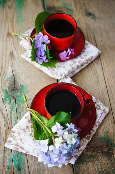 Hydrangea flowers and coffee