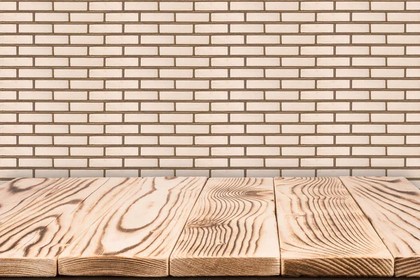 Empty table and white brick wall background, product display tem