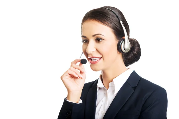 Call center woman talking to customer