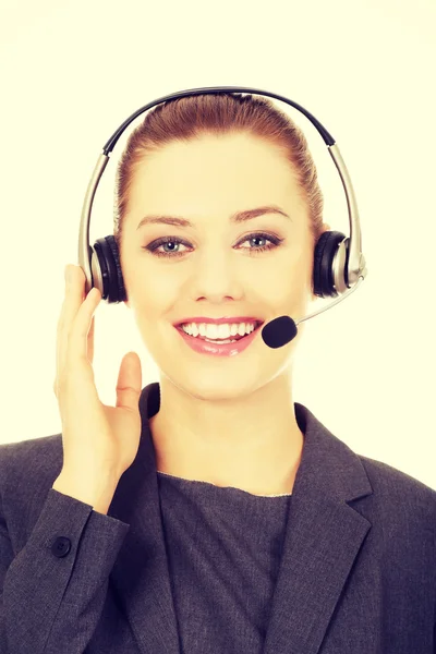 Cheerful support phone operator in headset.