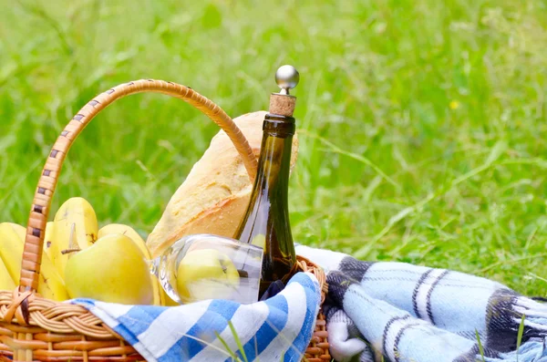 Picnic basket with fruits wine