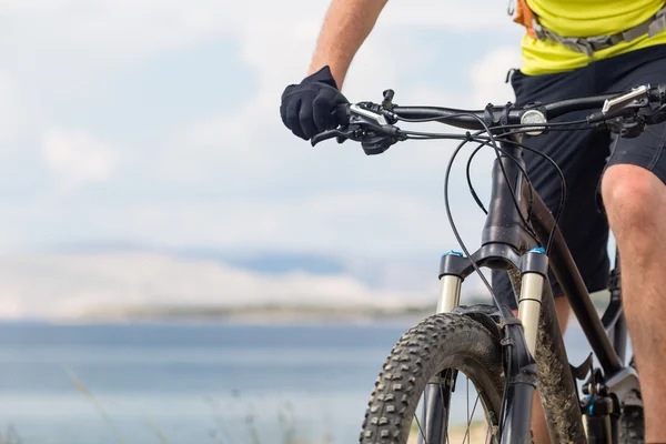 Mountain biker riding on bike at the sea and summer mountains.