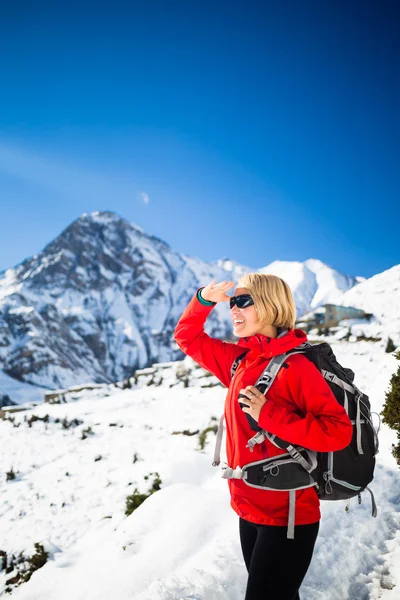 Woman hiker happy hiking, inspirational landscape