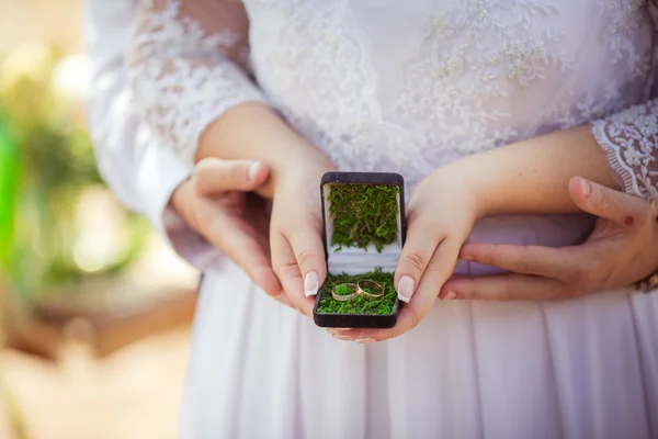 Bride and groom hands with rings