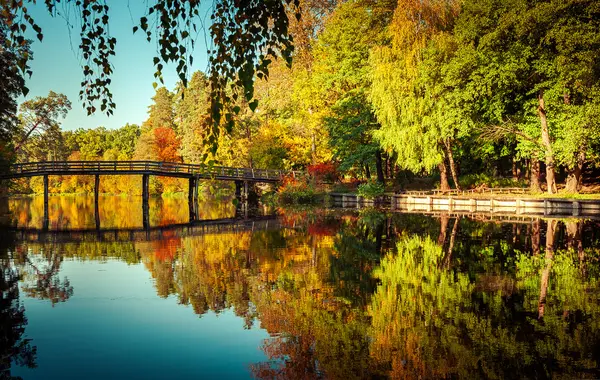 Autumn in outdoor park with wooden bridge on lake