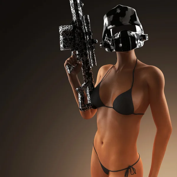 Beautiful sexy bikini woman holding army weapon
