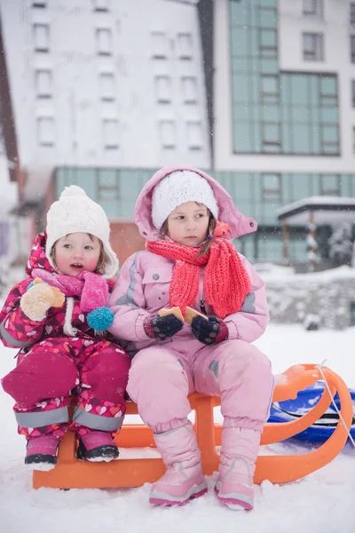 Two little girls sitting together on sledges