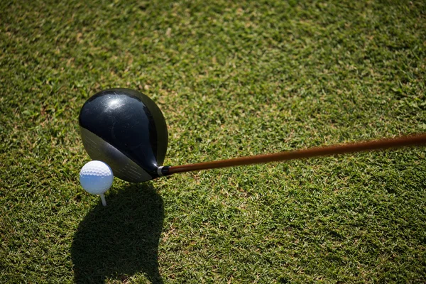 Top view of golf club and ball in grass