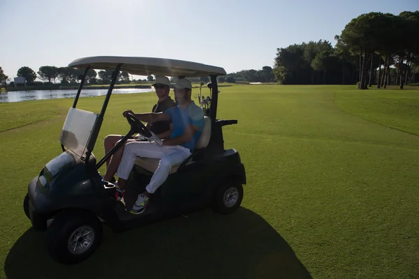 Golf players driving cart at course