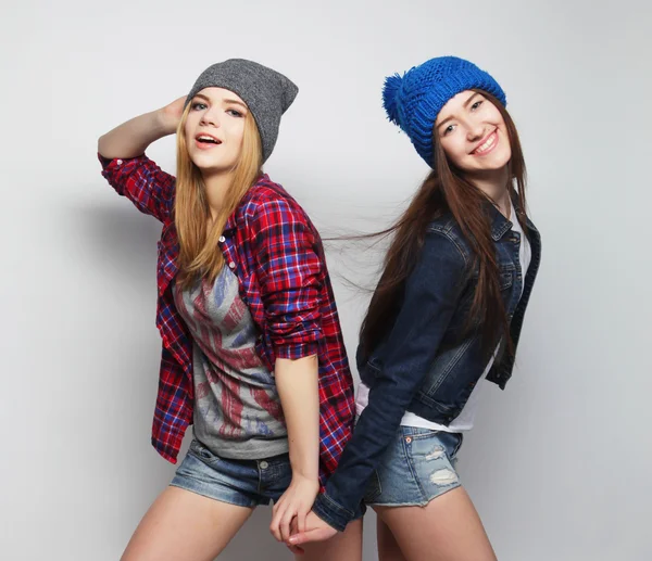 Two stylish sexy hipster girls best friends