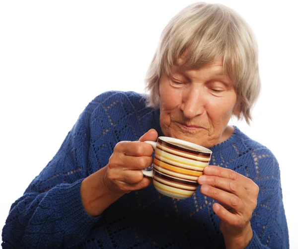 Happy old lady with coffee