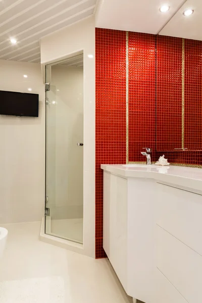 Modern bathroom with mirrors and cab