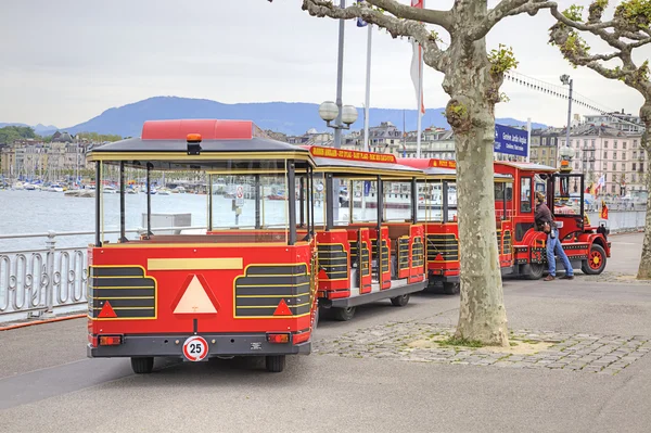 Geneva. Children Road train ashore lake