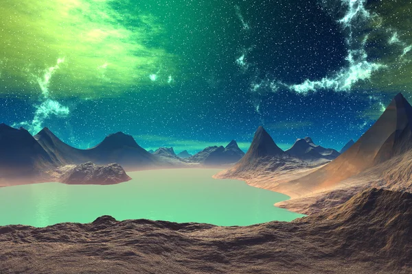 3D rendered fantasy alien planet. Rocks and lake