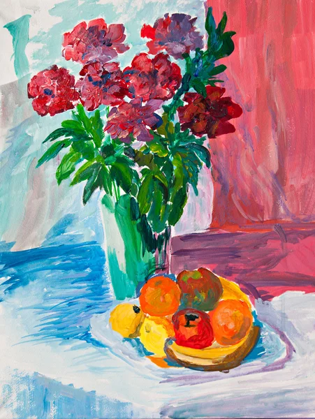 Bright summer still life with flowers and fruits. Oil sketch.
