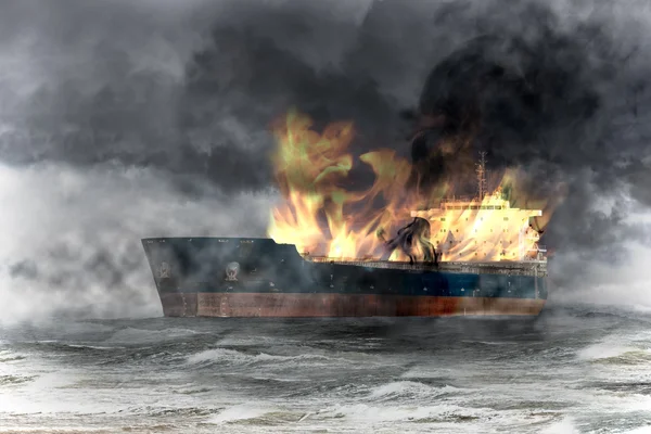 Burning ship on sea