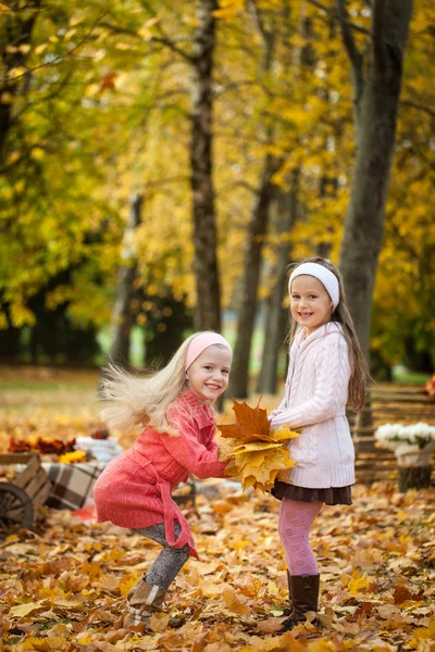 Two girls jumping in autumn park