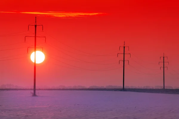 Sunset on the background of electric poles