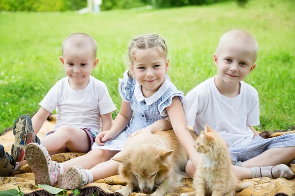 Sister with brothers with a cat and a dog