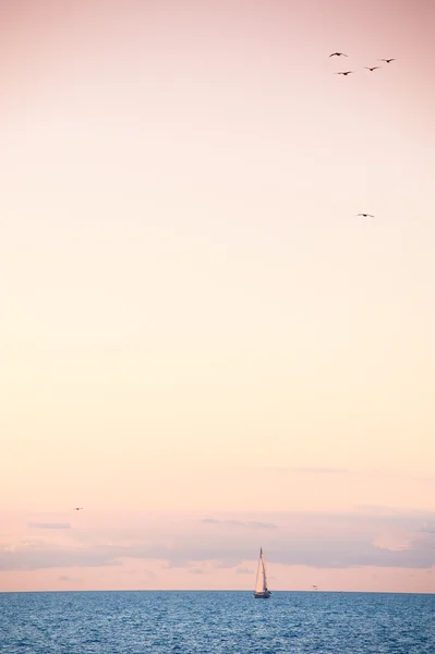 Beautiful gold sunset with a sailboat sailing. Sea. Yacht.