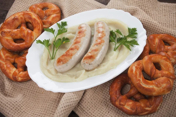 German white sausage with mashed potato