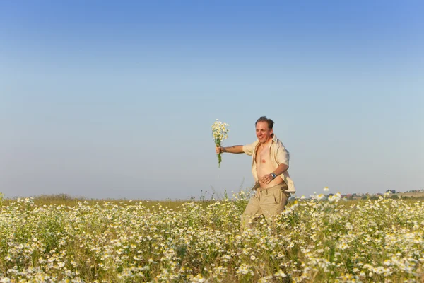 The happy man in the field with a bouquet of camomiles