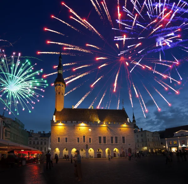 Fireworks celebrating over the Town hall square. Tallinn. Estonia