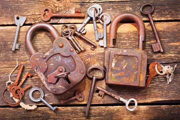 Old locks and keys on wooden table