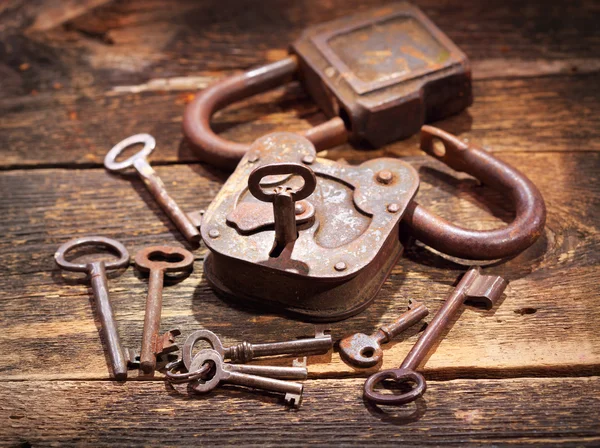 Old locks and keys on wooden table