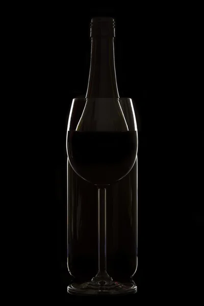 Wine glass and bottle on black background rim lighting