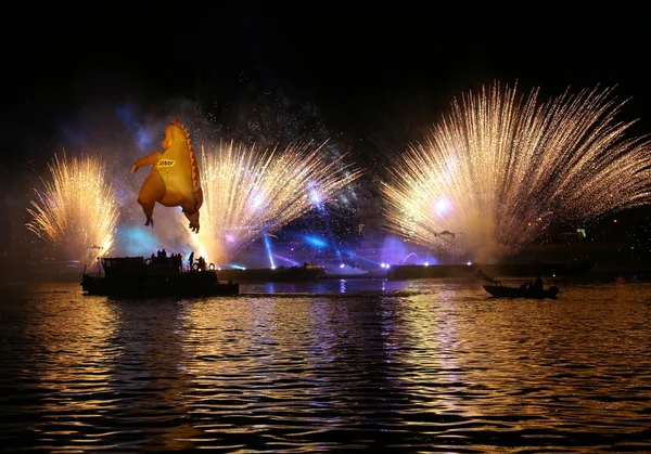 Yearly Great Dragons Parade connected with the fireworks display, taking place on the river Vistula at Wawel. Cracow , Poland