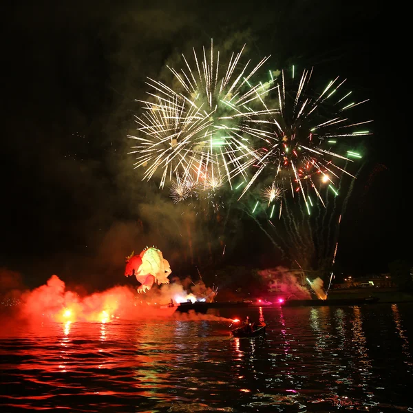 Yearly Great Dragons Parade connected with the fireworks display, taking place on the river Vistula at Wawel. Cracow , Poland